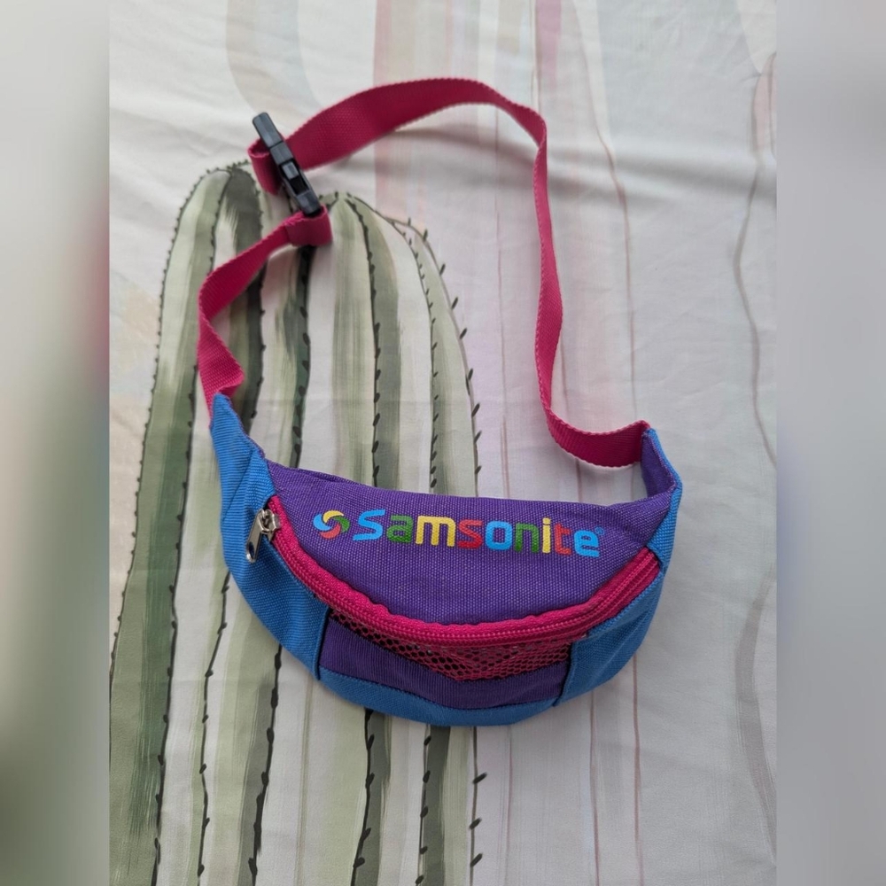 Vintage 80's Samsonite Neon Pink, Blue, & Purple Color Block Mini Fanny Pack - Picture 1 of 7